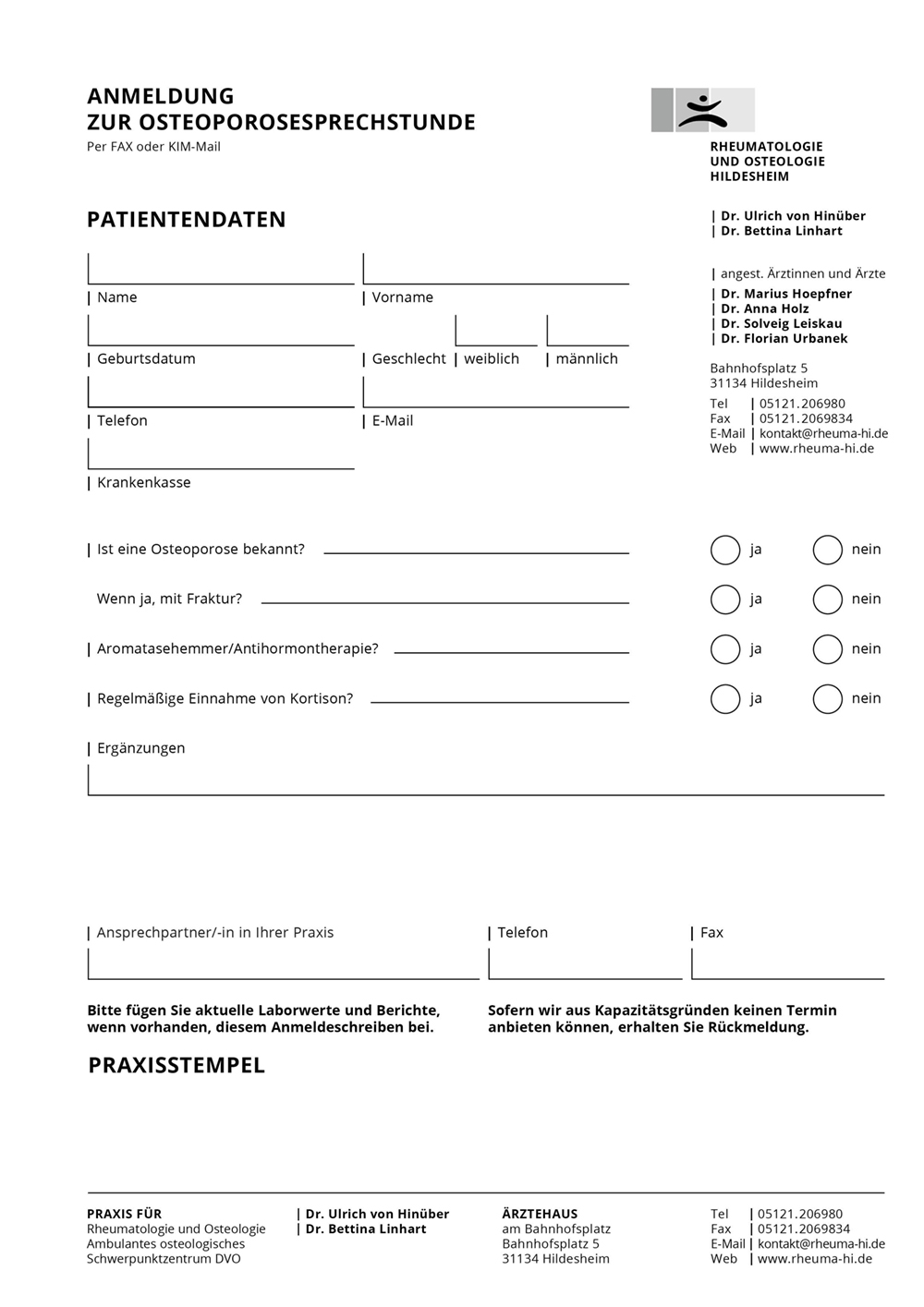 Anmeldung zur Rheumatologischen Sprechsstunde