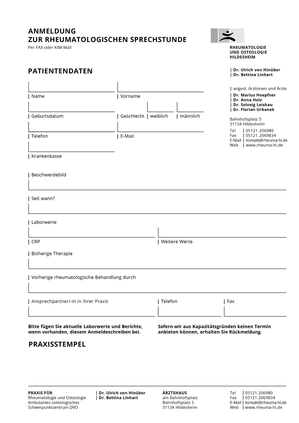 Anmeldung zur Rheumatologischen Sprechsstunde