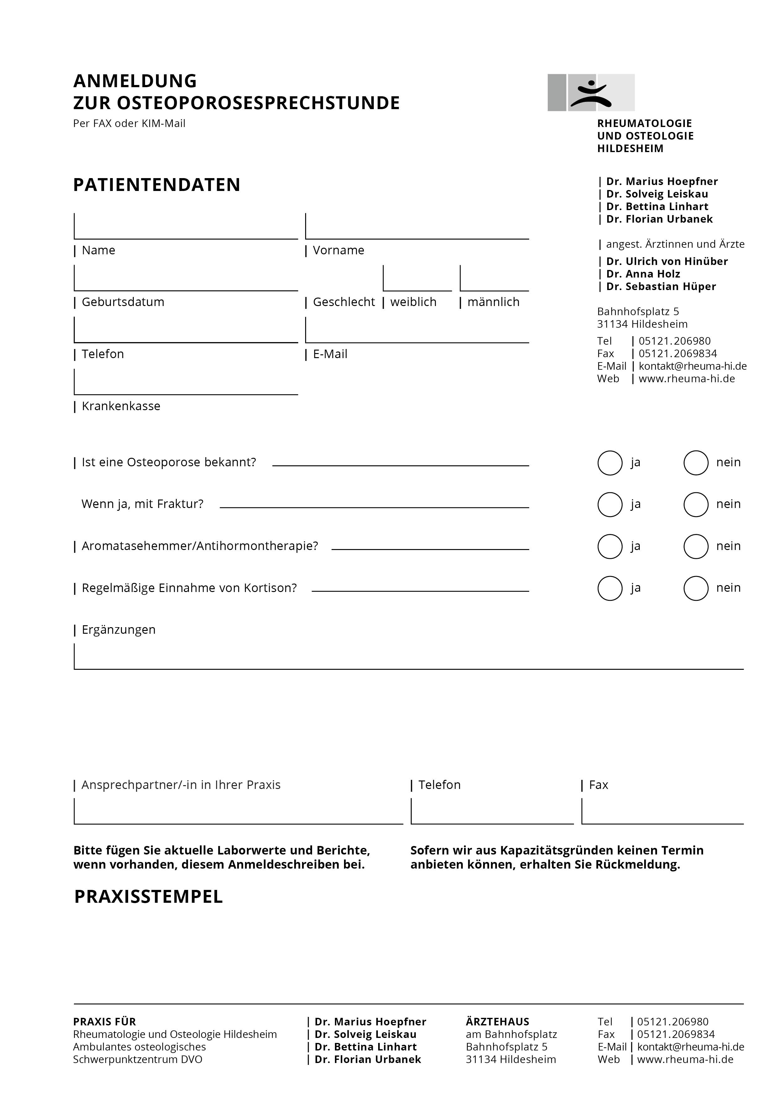 Anmeldung zur Rheumatologischen Sprechsstunde