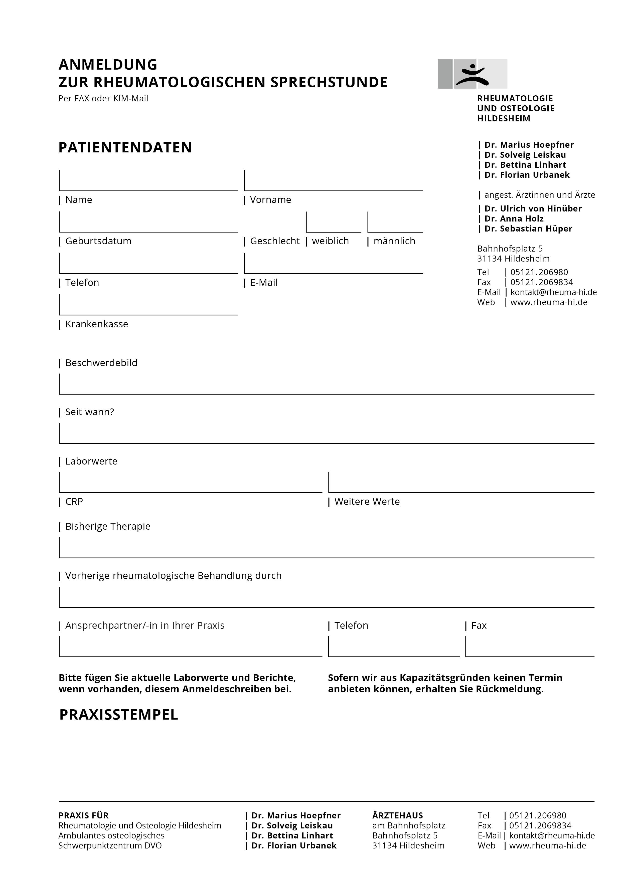 Anmeldung zur Rheumatologischen Sprechsstunde